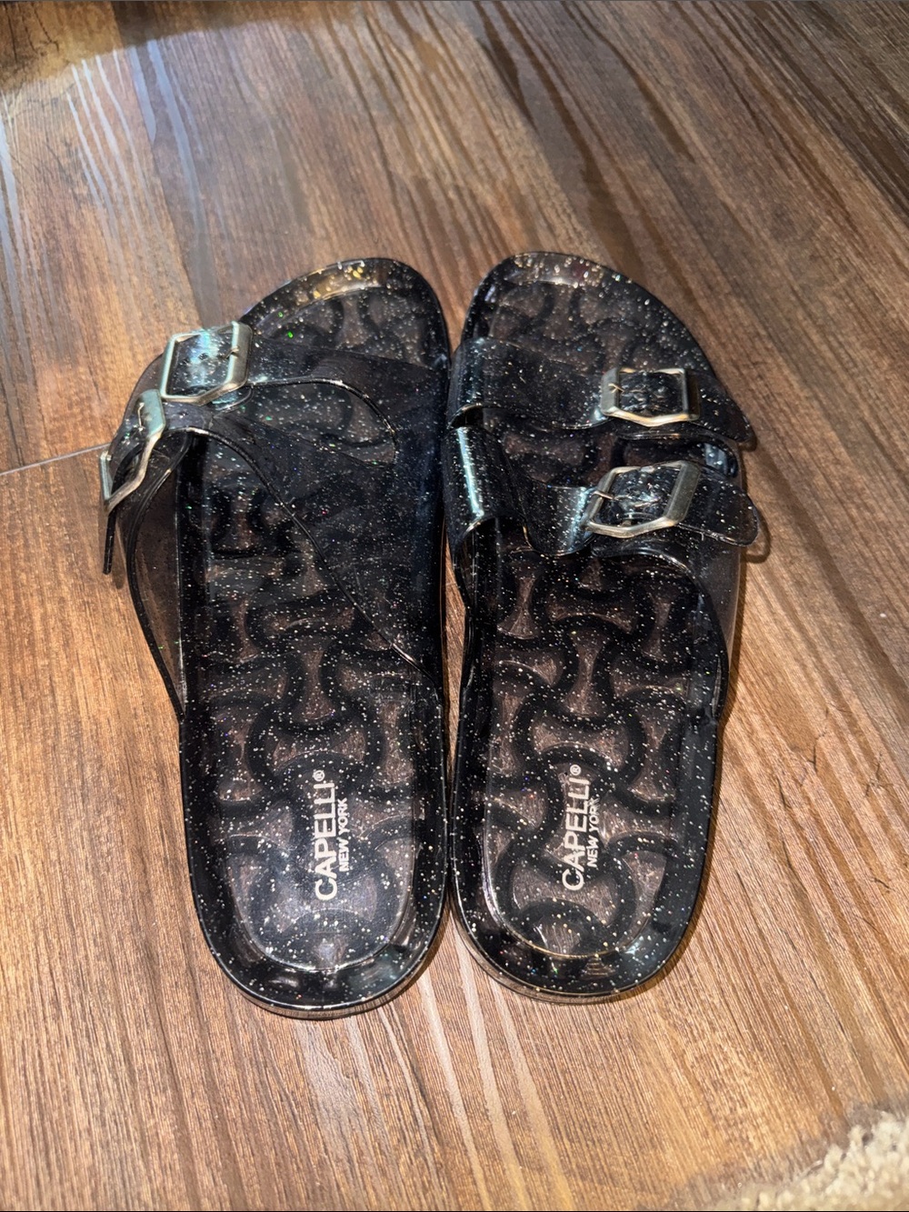 Capelli of New York Black Glitter Double Buckle Slide Sandals